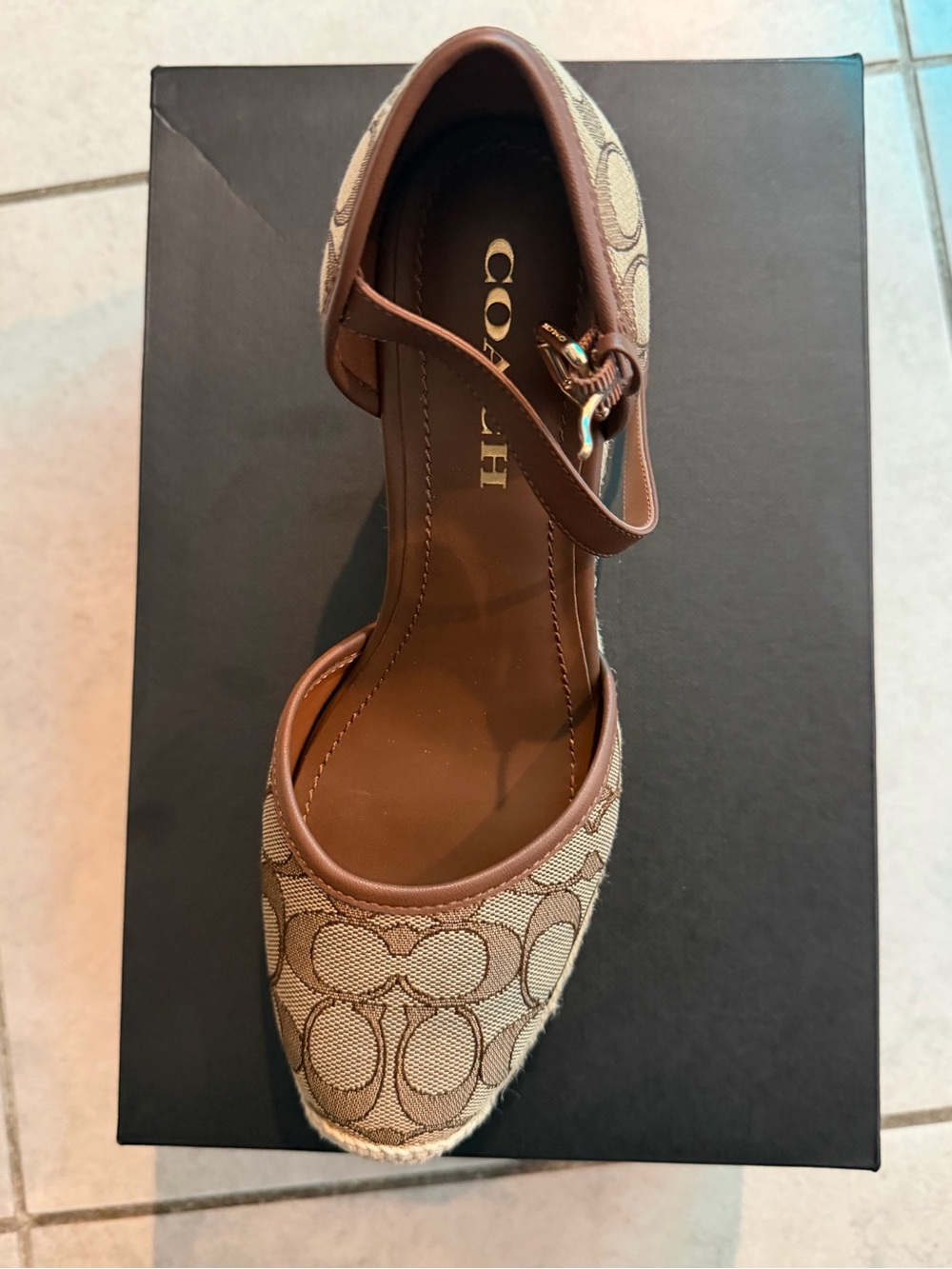 Coach Raine Khaki/Saddle Signature Canvas Espadrille Ankle-Strap Wedges